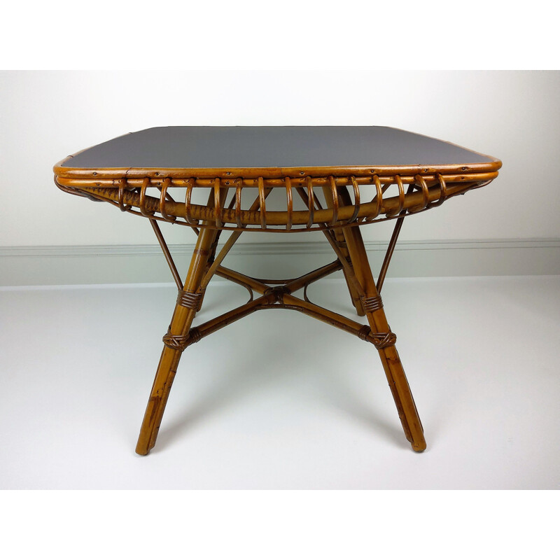 Table vintage carrée bambou et rotin, 1960