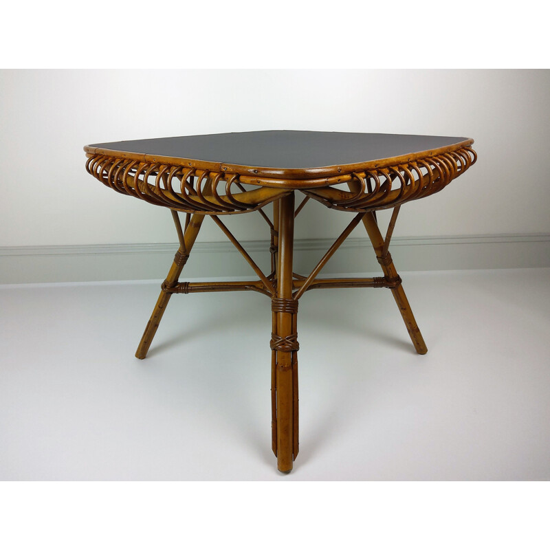 Table vintage carrée bambou et rotin, 1960