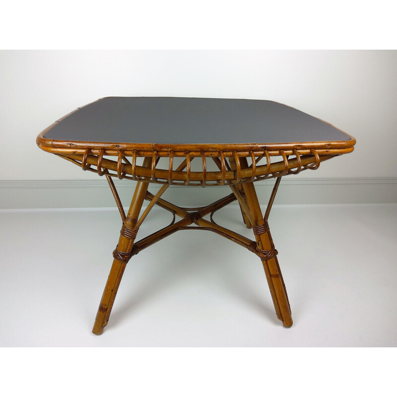 Tavolo quadrato vintage in bambù e rattan, 1960