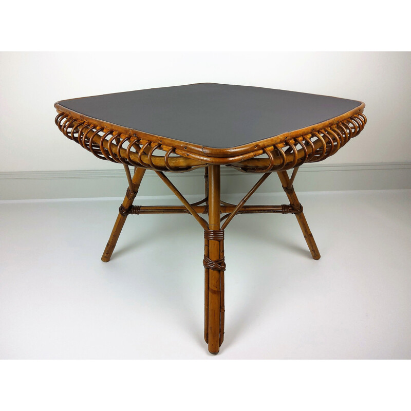 Square vintage bamboo and rattan table, 1960