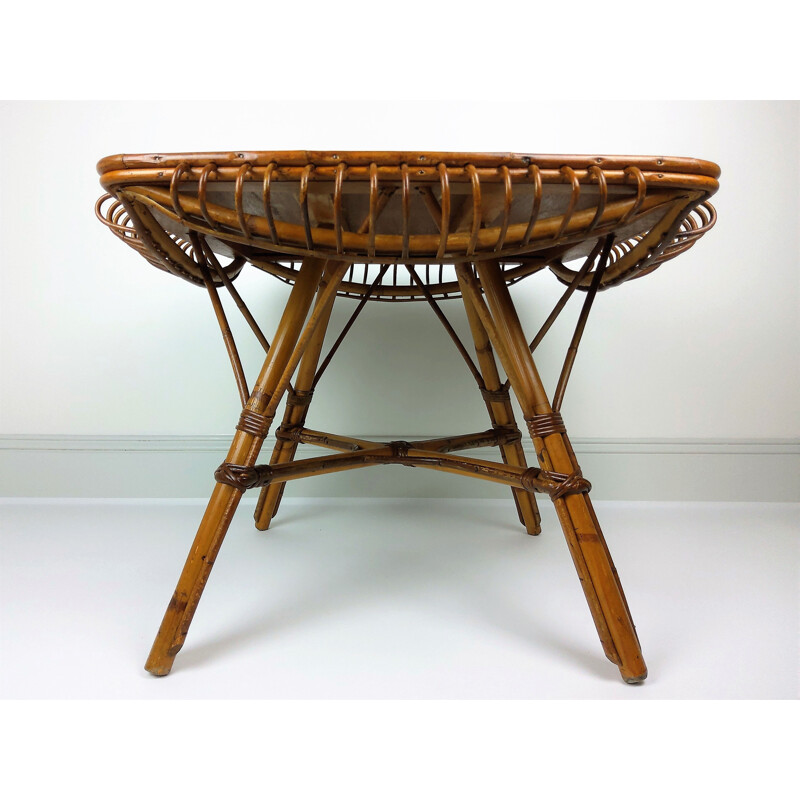 Mesa cuadrada vintage de bambú y ratán, 1960