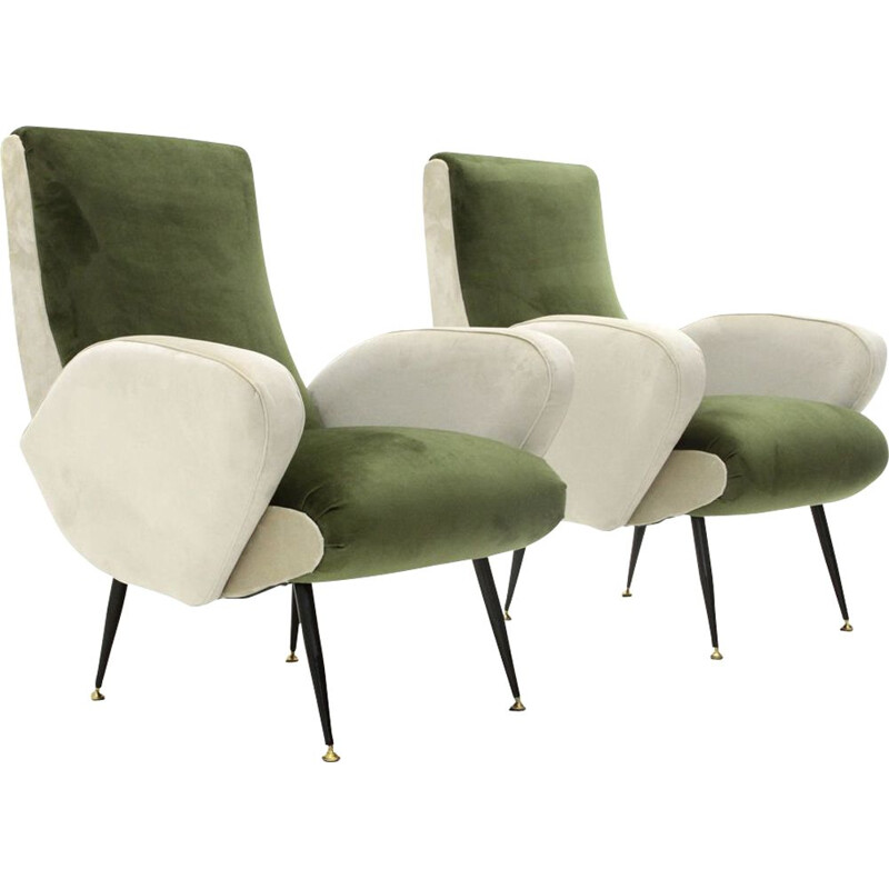 Pair of vintage armchairs in green and white velvet, 1950s