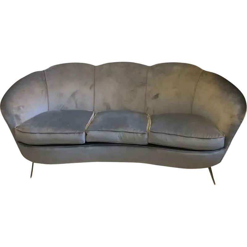 Mid-Century Brass and Velvet Curved Sofa Gio Ponti 1950