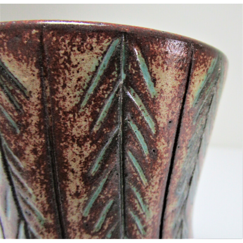 Vase vintage céramique d'Accolay décor végétal 1970
