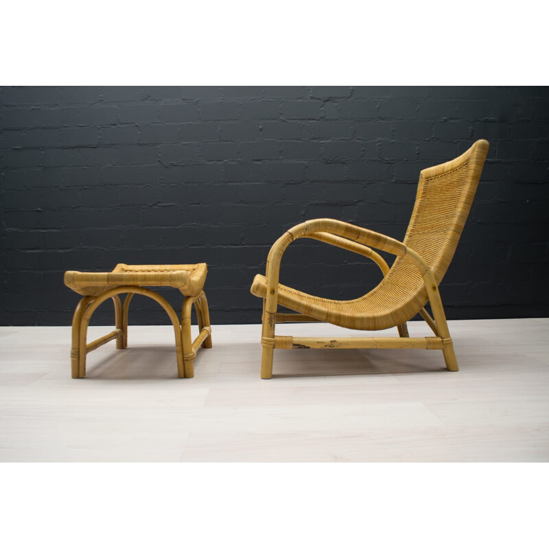 Mid-Century Bamboo Lounge Chair and Ottoman Set, 1950s