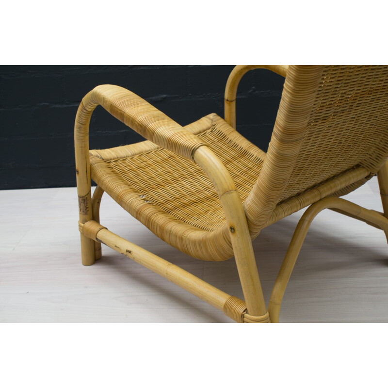 Fauteuil lounge et tabouret en bambou 1950