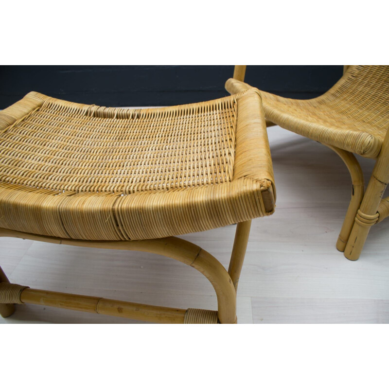 Fauteuil lounge et tabouret en bambou 1950