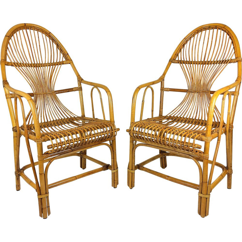 Pair of Large vintage bamboo rattan armchairs 1960
