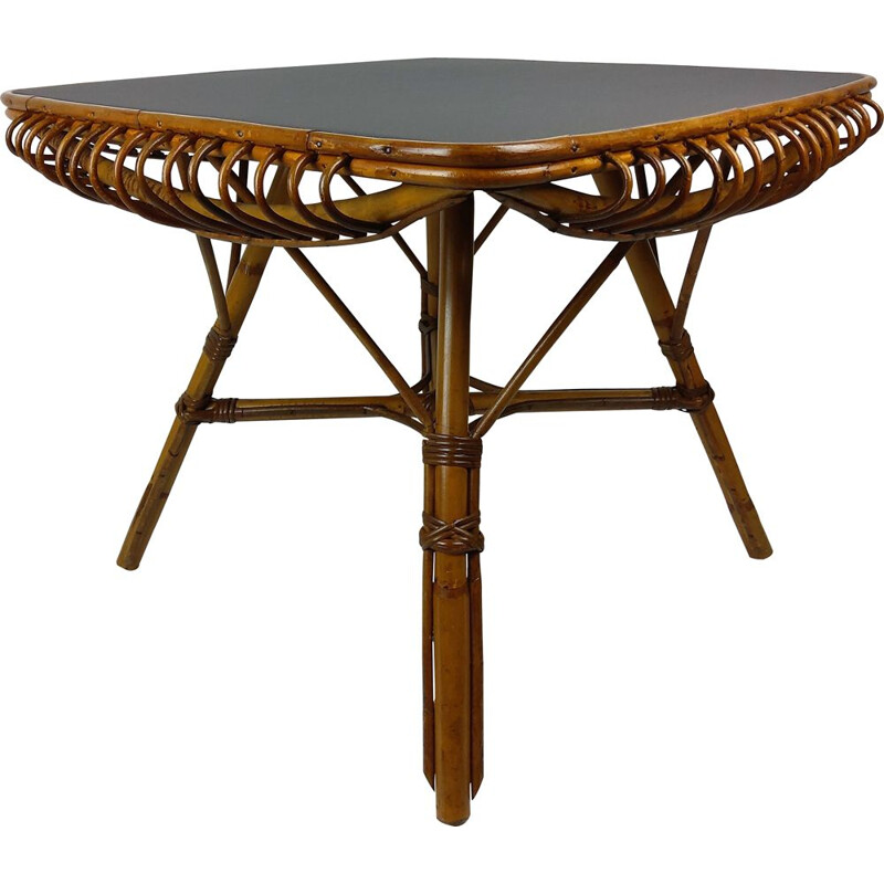Square vintage bamboo and rattan table, 1960