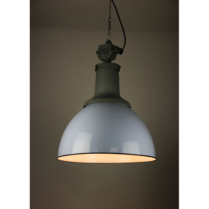 Vintage industriële lichtblauwe email hanglamp van de ElKo fabriek, 1960