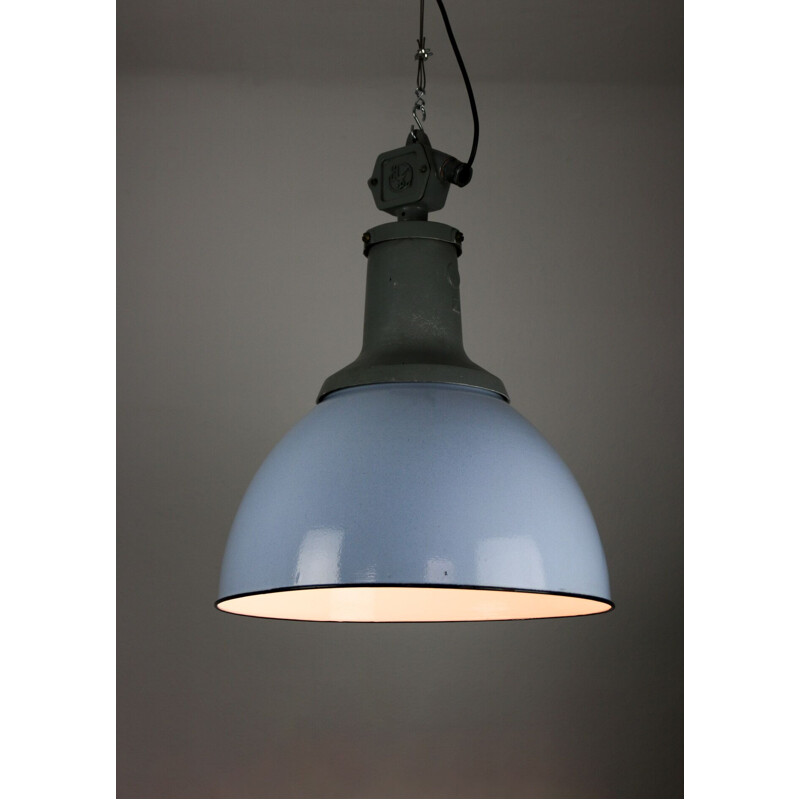 Vintage industriële lichtblauwe email hanglamp van de ElKo fabriek, 1960
