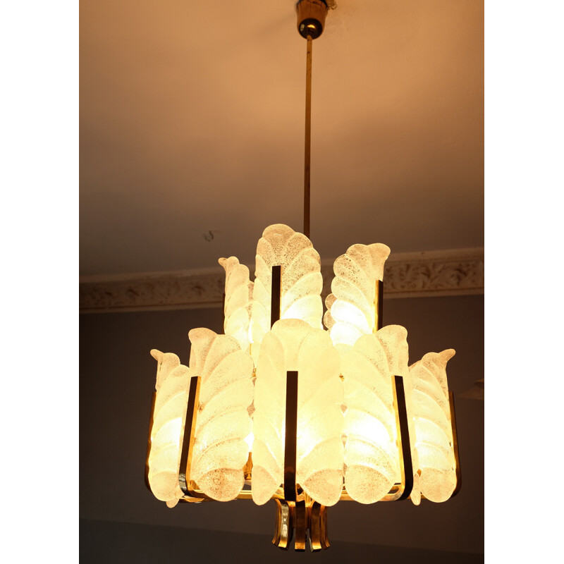 Two-tier Orrefors chandelier in brass and glass, Carl FAGERLUND - 1950s