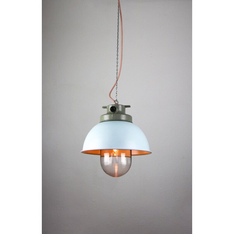 Light blue vintage industrial pendant lamp from Tep