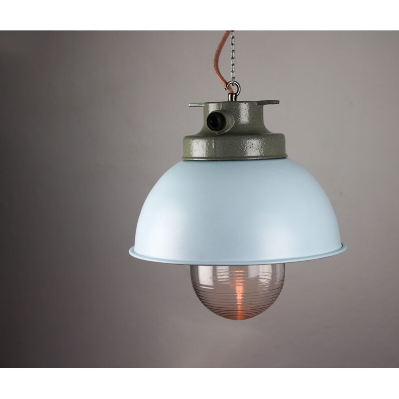 Light blue vintage industrial pendant lamp from Tep