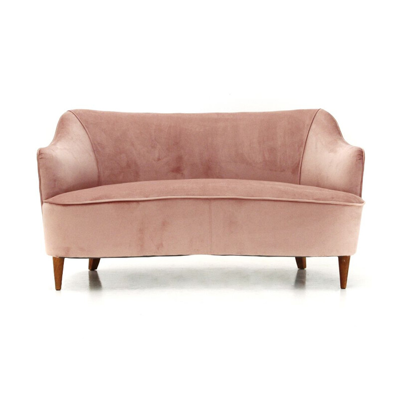 Vintage 2-seater pink velvet sofa 1950