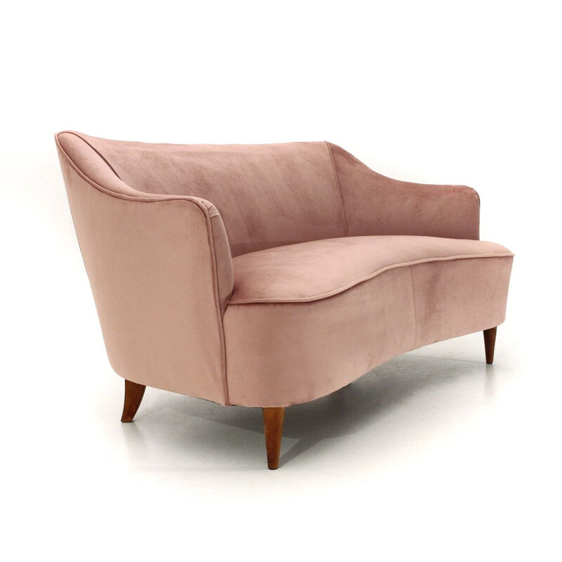 Vintage 2-seater pink velvet sofa 1950