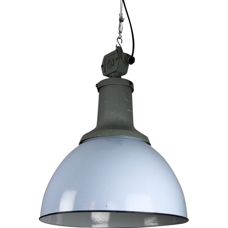 Vintage industrial pendant lamp blue enamel hanging lamp from the ElKo factory, 1960