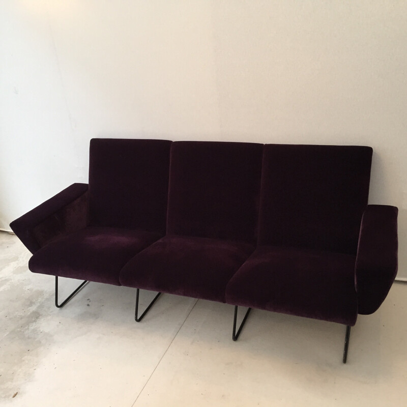 3 seater sofa in velvet and metal, Geneviève DANGLES and Christian DEFRANCE - 1950s