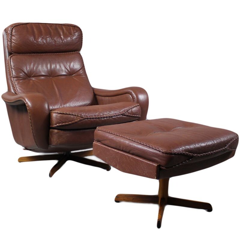 Vintage Leather Swivel Lounge Chair with Ottoman from Madsen & Schubell Danish