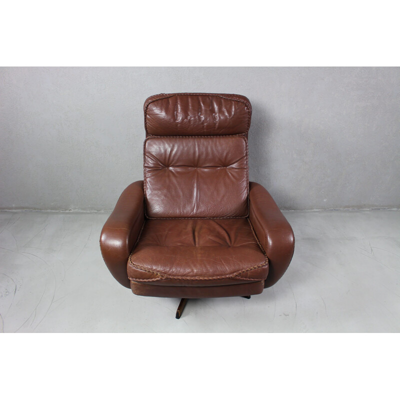 Fauteuil lounge  vintage pivotant en cuir avec pouf de Madsen & Schubell Danish