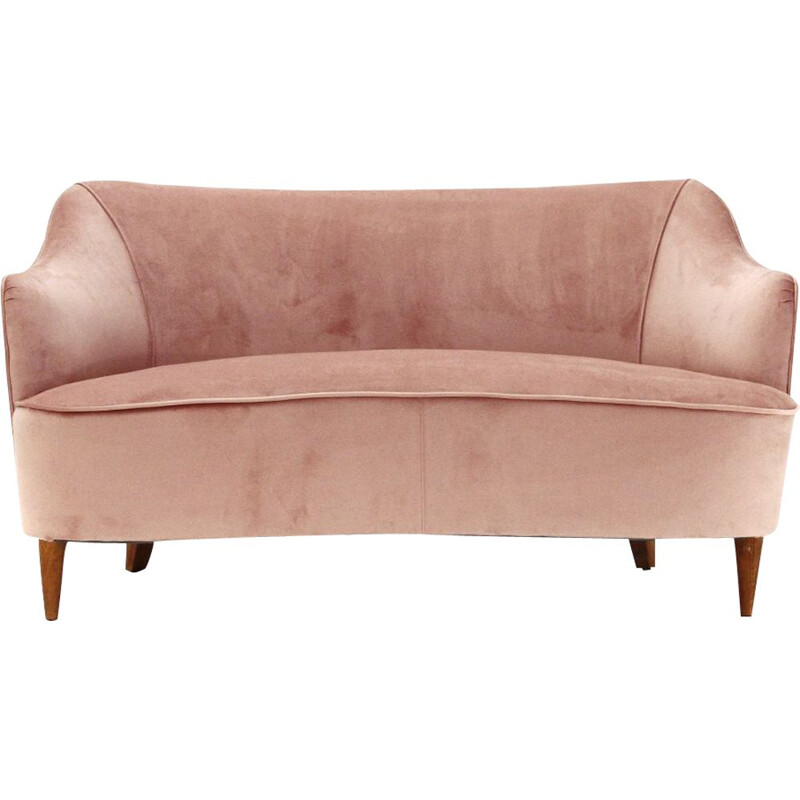 Vintage 2-seater pink velvet sofa 1950