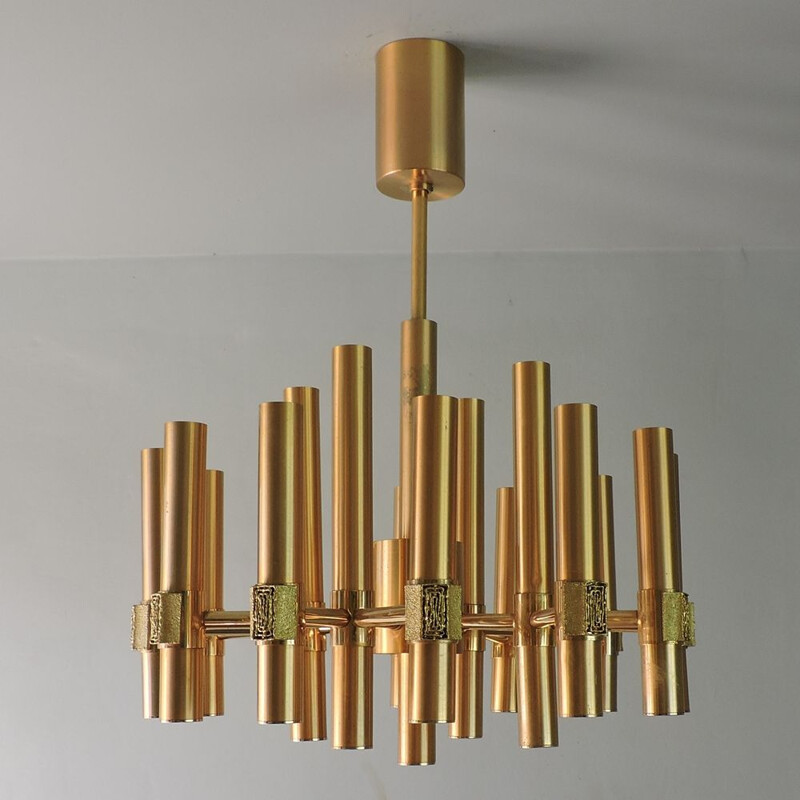 Vintage gold aluminum chandelier by Angelo Brotto for Esperia, Italy 1960