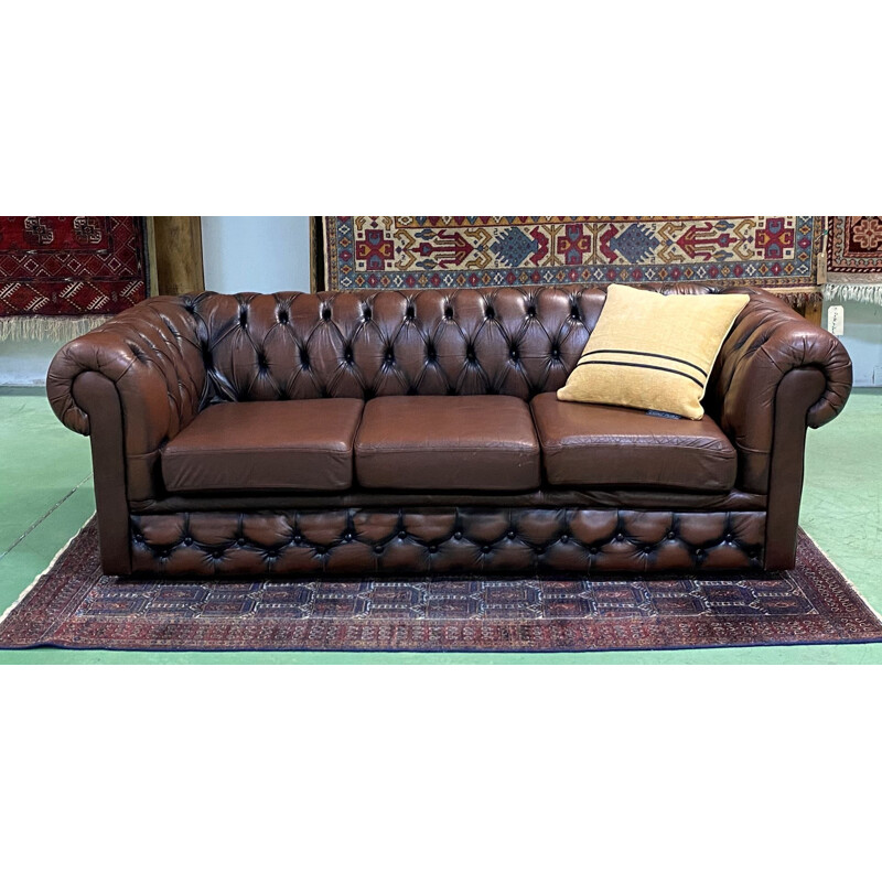 Vintage Chesterfield brown leather sofa 1970