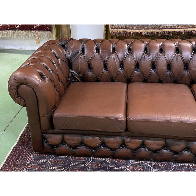 Canapé vintage Chesterfield en cuir marron 1970