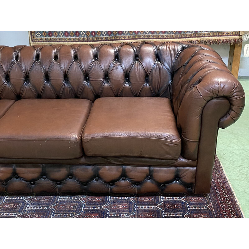 Vintage Chesterfield brown leather sofa 1970