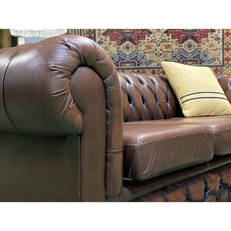 Canapé vintage Chesterfield en cuir marron 1970