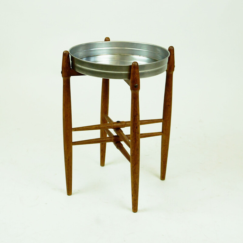 Vintage Circular Teak Side Table with Tray Top Scandinavian 1960s