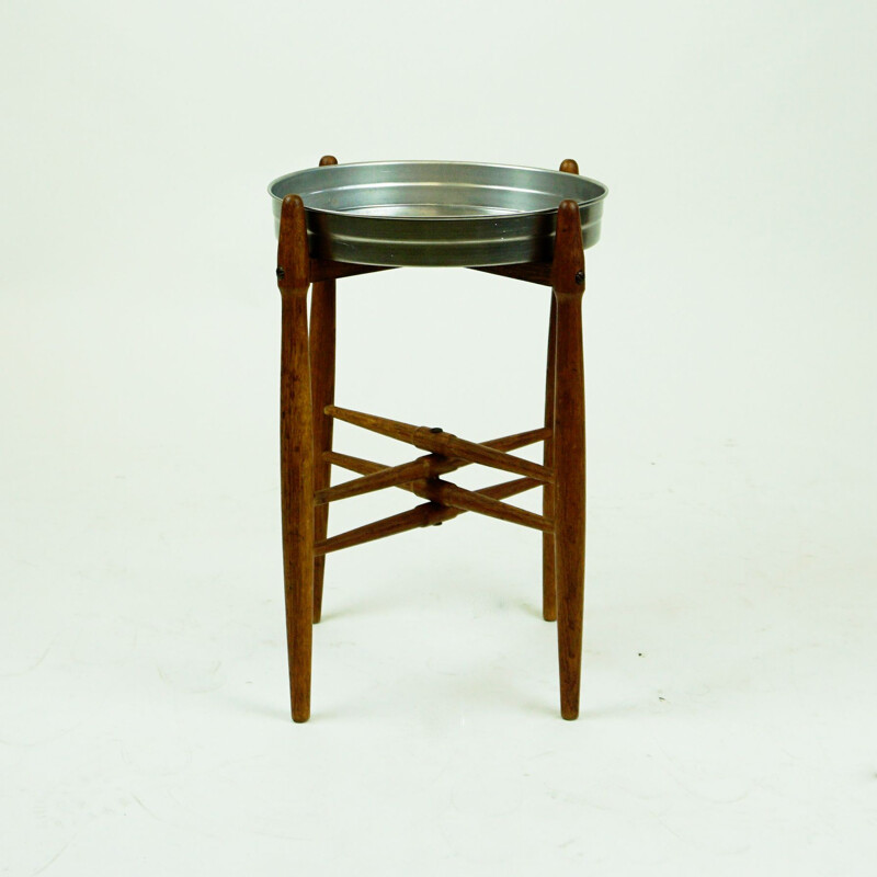 Vintage Circular Teak Side Table with Tray Top Scandinavian 1960s