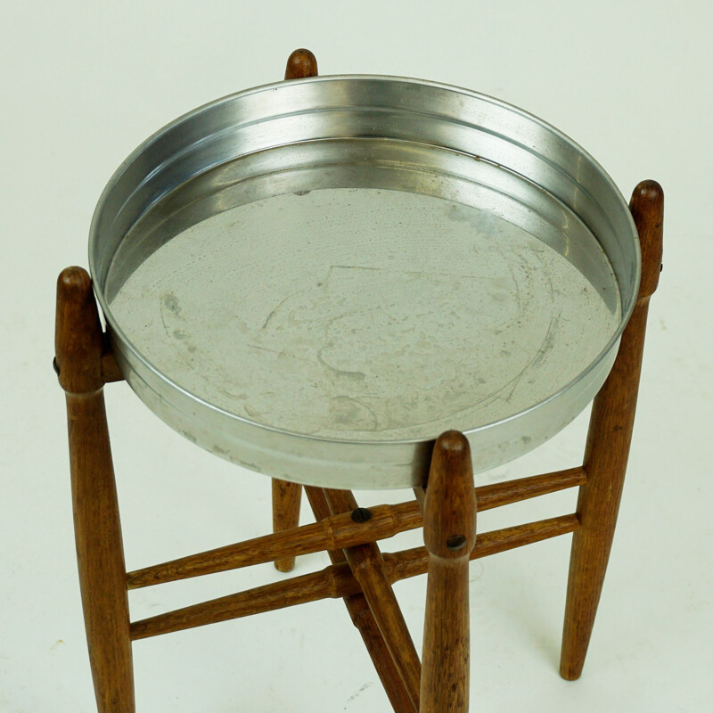 Vintage Circular Teak Side Table with Tray Top Scandinavian 1960s