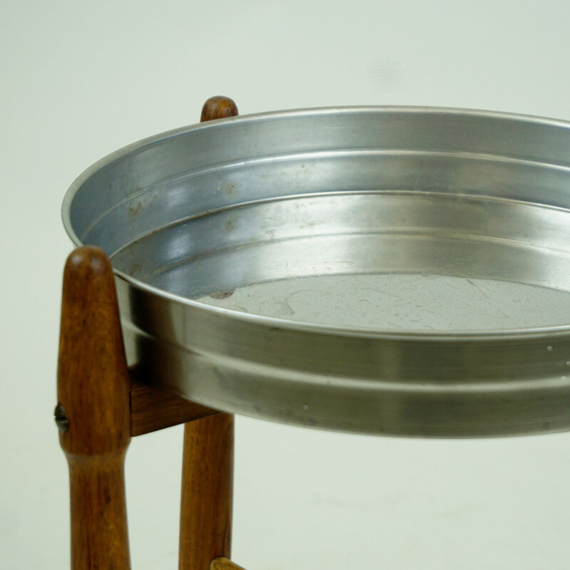 Vintage Circular Teak Side Table with Tray Top Scandinavian 1960s