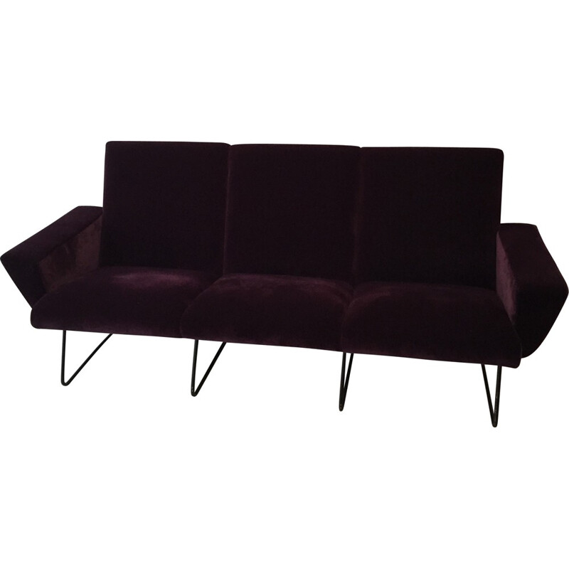 3 seater sofa in velvet and metal, Geneviève DANGLES and Christian DEFRANCE - 1950s