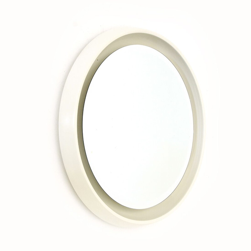 Vintage Round lighted mirror in white lacquered wood by CRB, 1960s