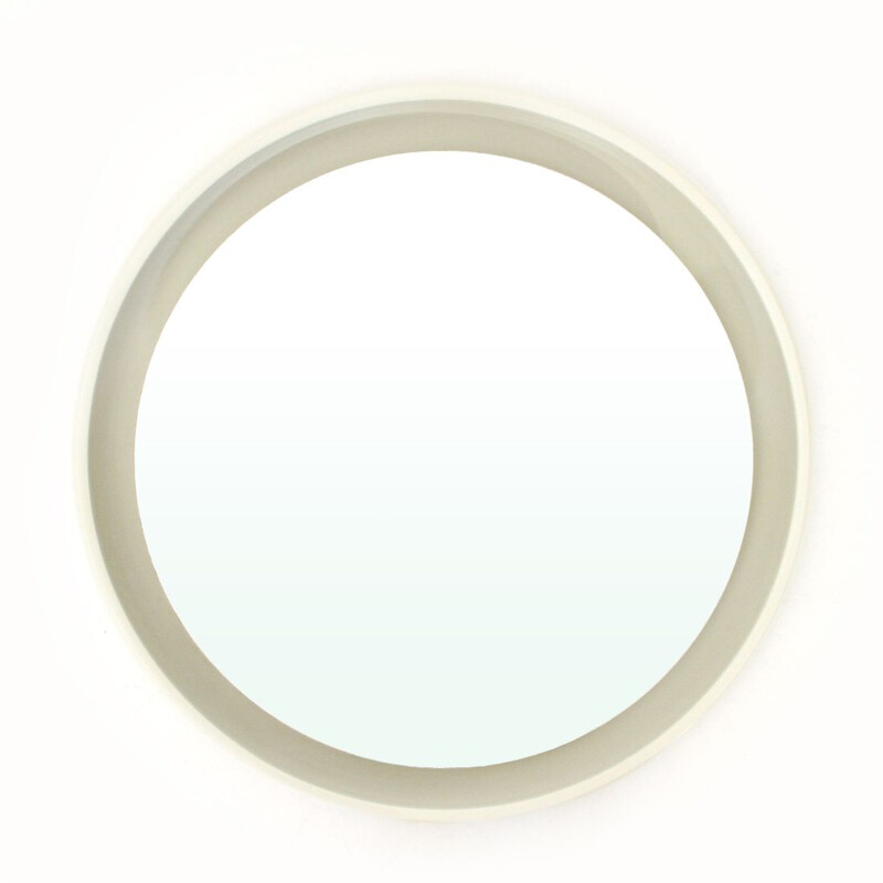Vintage Round lighted mirror in white lacquered wood by CRB, 1960s