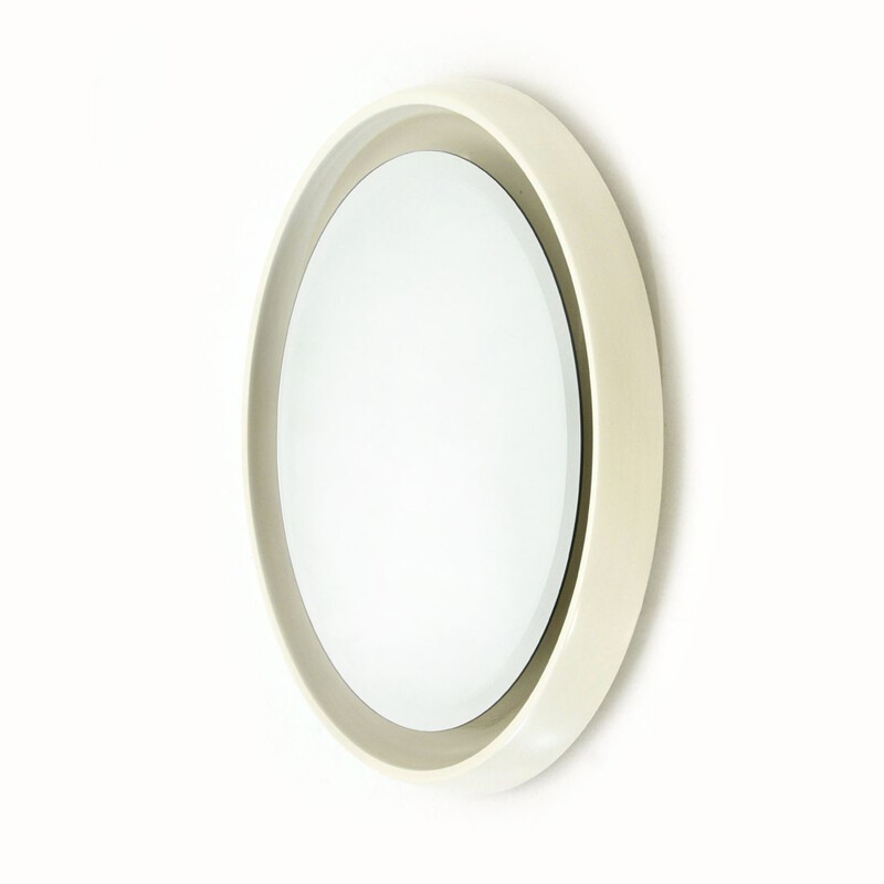 Vintage Round lighted mirror in white lacquered wood by CRB, 1960s