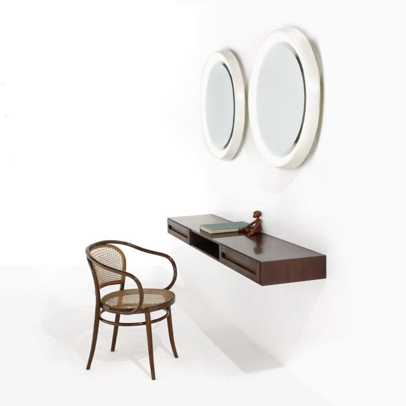 Espejo redondo de madera lacada blanca vintage de CRB 1960