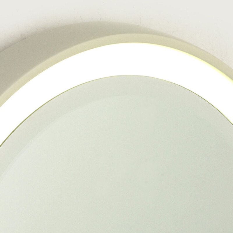 Vintage Round lighted mirror in white lacquered wood by CRB, 1960s