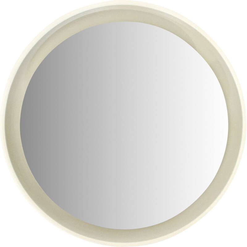 Vintage Round lighted mirror in white lacquered wood by CRB, 1960s