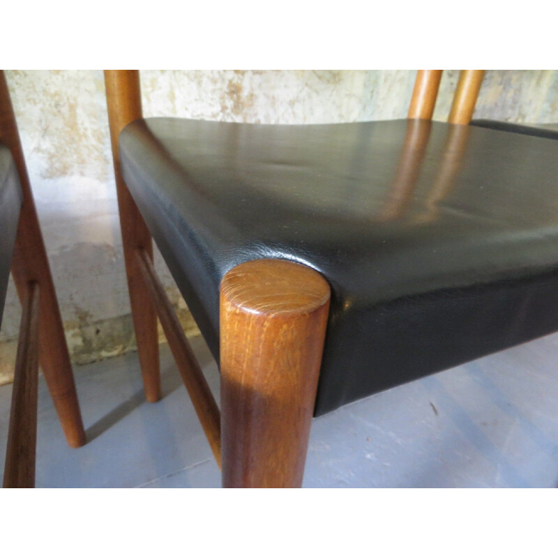 4 Vintage Inlaid Teak and Leather Chairs Four H. W. Klein 1960s