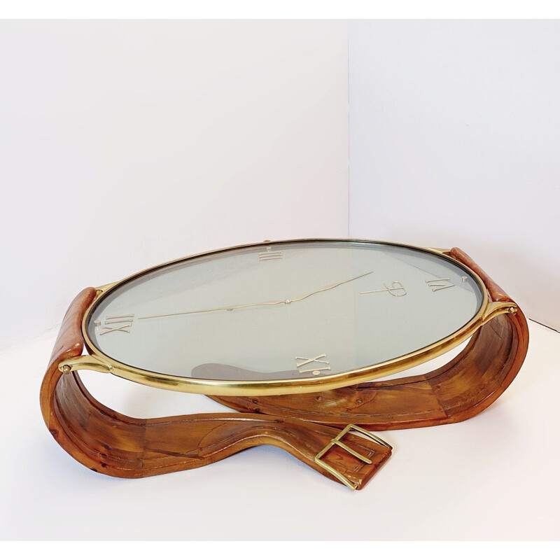 Vintage coffee table "Wristwatch" in brass, pine and glass by Artigiani Italy 1950