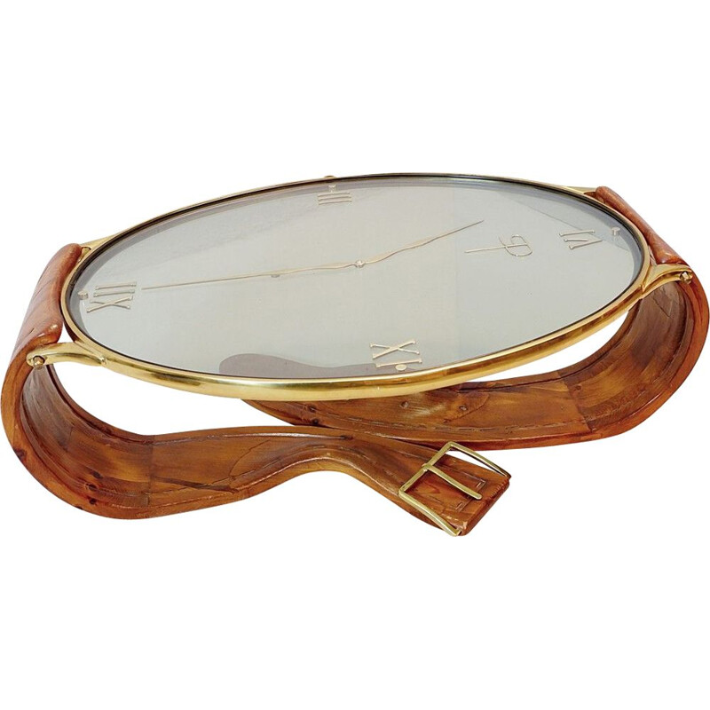 Vintage coffee table "Wristwatch" in brass, pine and glass by Artigiani Italy 1950