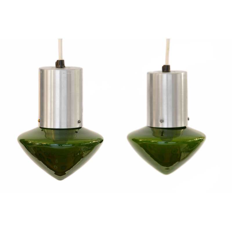 Pair of vintage green glass pendant lamps, Sweden 1960