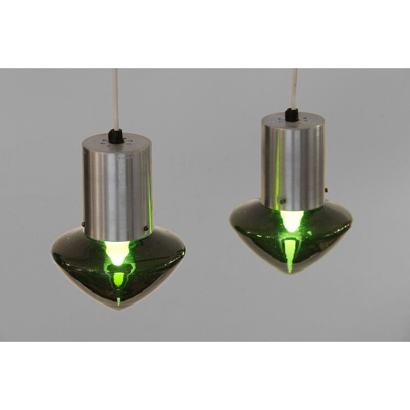 Pair of vintage green glass pendant lamps, Sweden 1960
