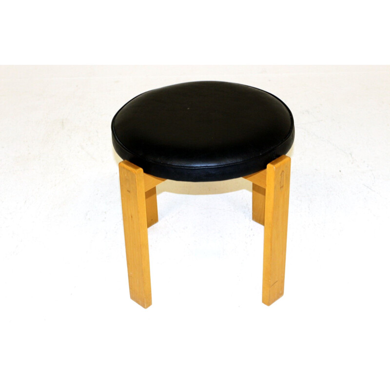 Vintage leatherette and beech stool, Sweden 1950