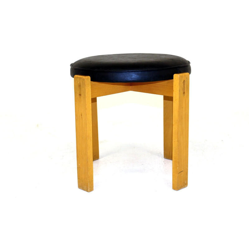 Vintage leatherette and beech stool, Sweden 1950