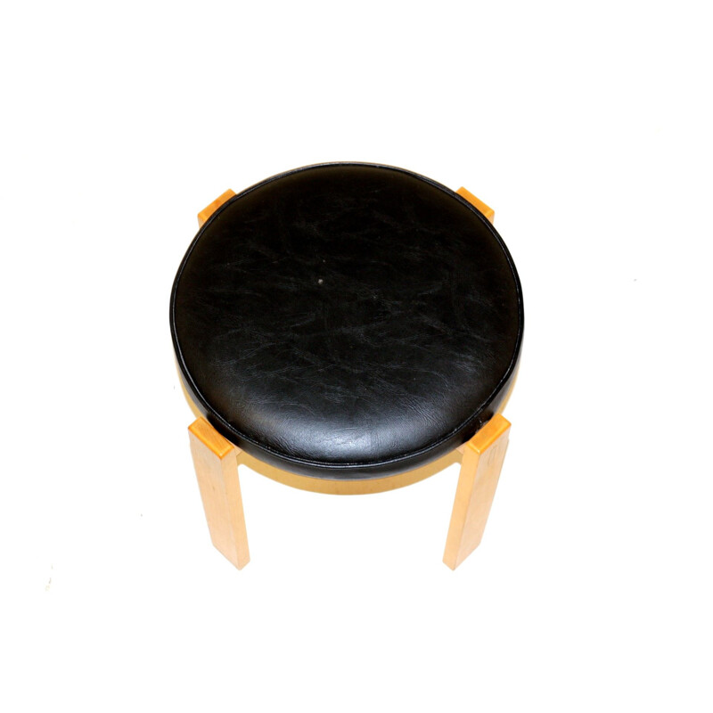 Vintage leatherette and beech stool, Sweden 1950