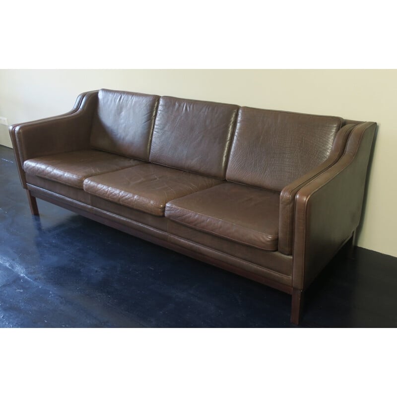 Vintage Brown Leather 3-Seater Sofa Danish 1960s